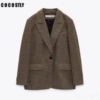 za blazer women vintage plaid notched collar blazer coat office lady single breasted pocket chic suit outwear ropa mujer