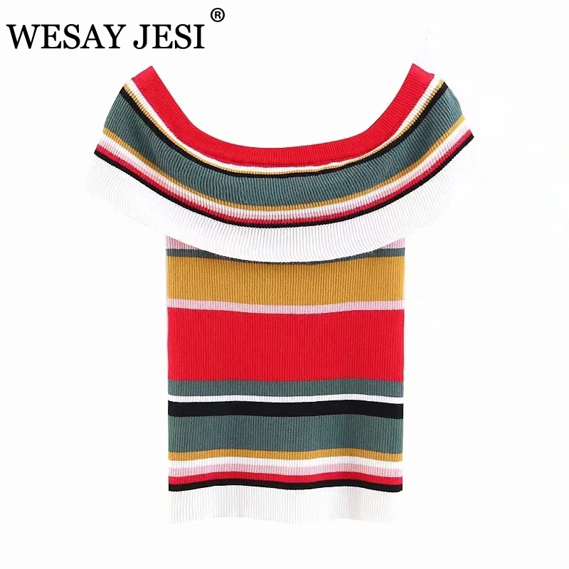 

WESAY JESI Spring Women's Sweater 2021 Fashion Chic Elegant Knit Top Retro Long Sleeve One-word Neck Striped Women's Pullover