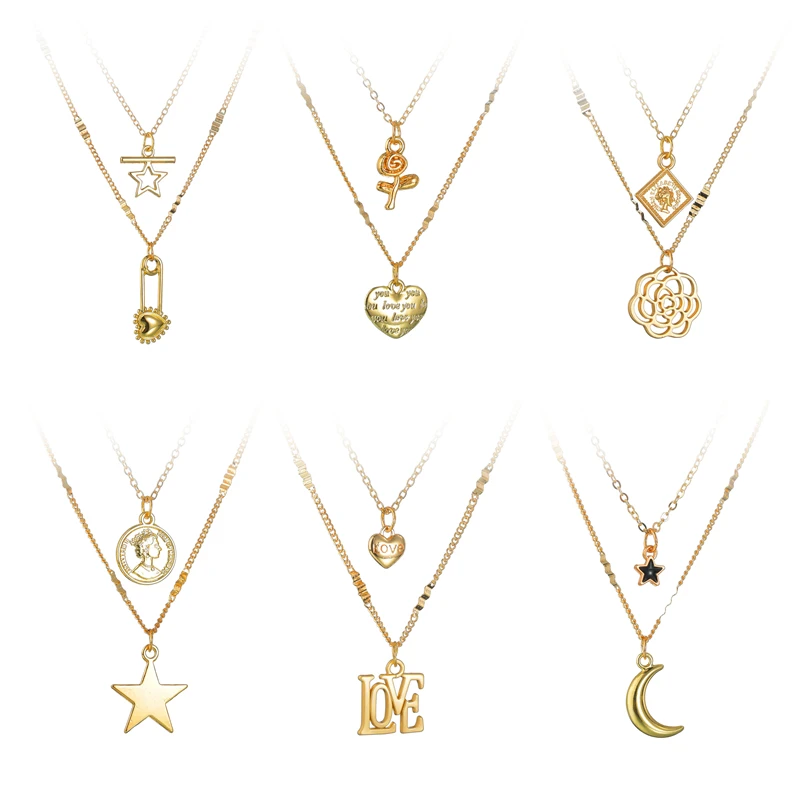Minimali многослойные Золотые Ожерелья для женщин Kolye модные с Луной звездой