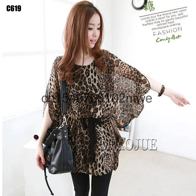 

2021 summer new chiffon shirt Korean loose lace bat sleeve women's base shirt fashion Leopard Print Blouse c619