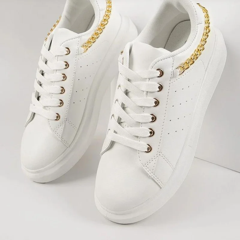 

2021 New Ladies Thick-soled Sports Shoes White Tennis Shoes Breathable Lightweight Vulcanized Shoes Student Lace-up Casual Shoes
