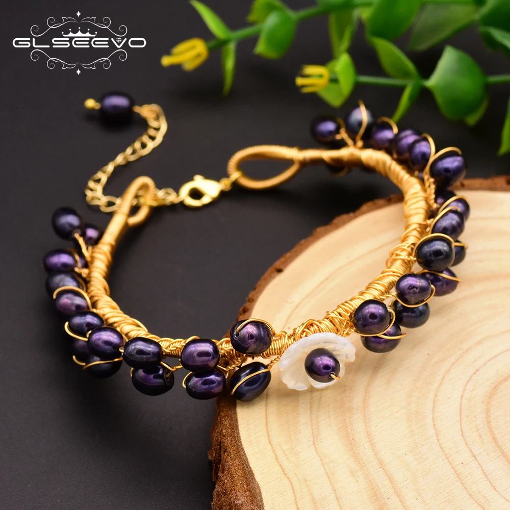 GLSEEVO натуральный пресноводный с фиолетовыми жемчужинами Браслеты для Для женщин