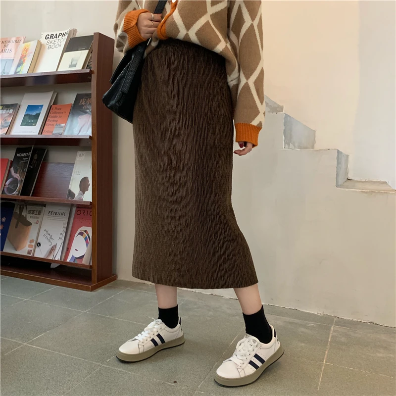 

HziriP 2020 Autumn New Women Skirt Corduroy Solid Elastic Waist Split Vintage Gentle All-Match A-Line Casual Female Office Lady