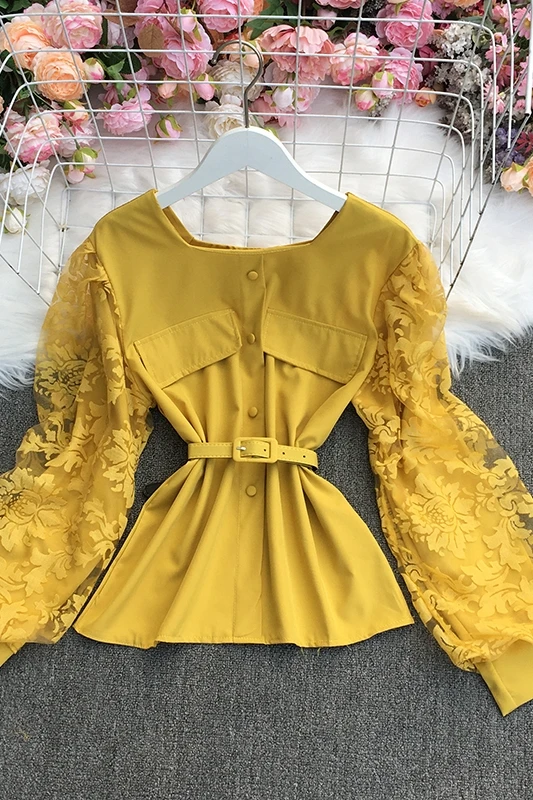 

2021 New Spring Temperament All-match Square collar Long Sleeve Shirt lace stitching sashes waist slim Shirt Top