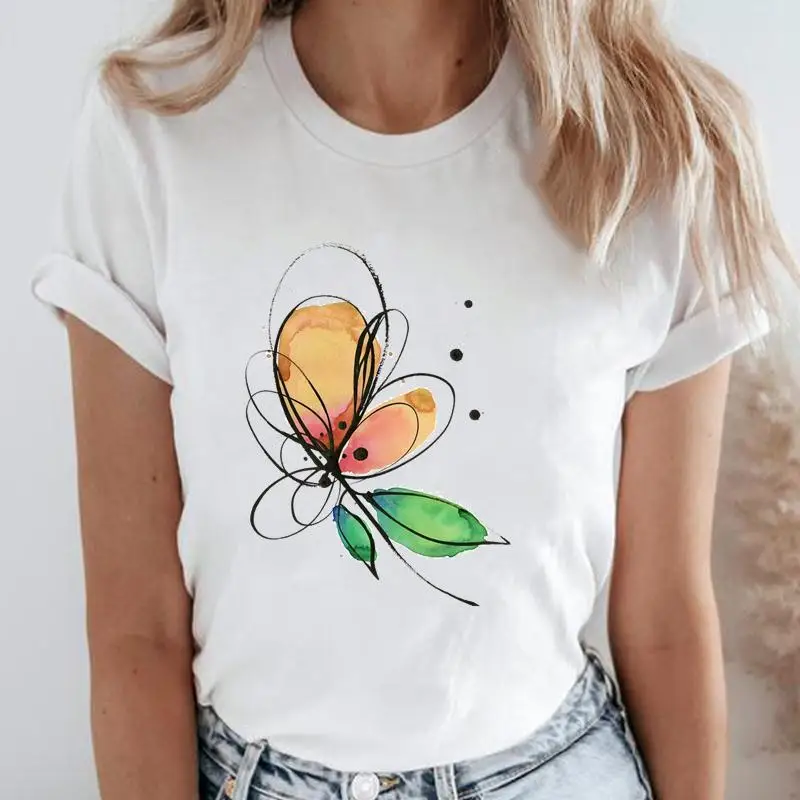 

Футболка женская с коротким рукавом, модный трендовый топ в акварельном стиле, с мультяшным графическим принтом, с круглым вырезом