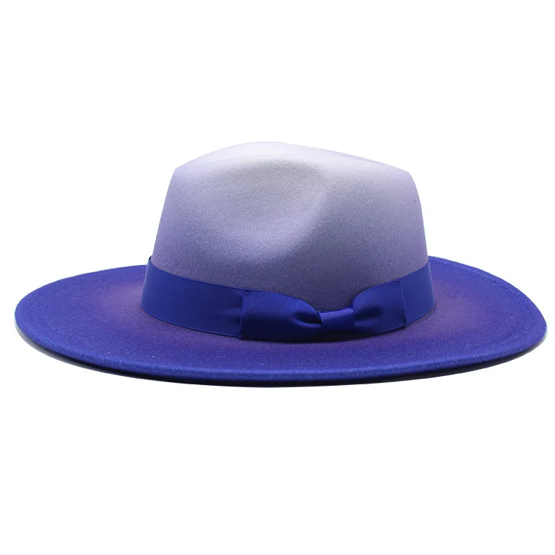 

fedora hats men wide brim gradient color blue red khaki felted hats ribbon band bowknot elegant casual formal church women hats