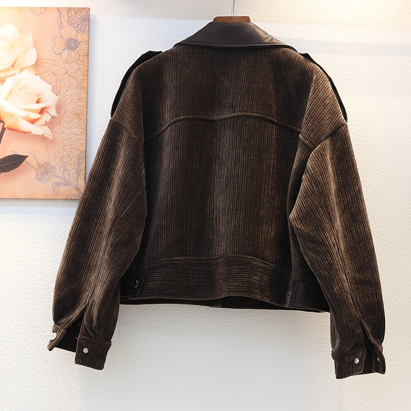 

Fashion 3 Color Corduroy Coat Women Leather Splicing Corduroy Jacket Autumn Winter New Thick Loose Casual Short Outerwear Female