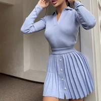 suit ladies sexy single breasted long sleeved 2021 tight fitting shirt top and high waist knitted pleated skirt two piece suit