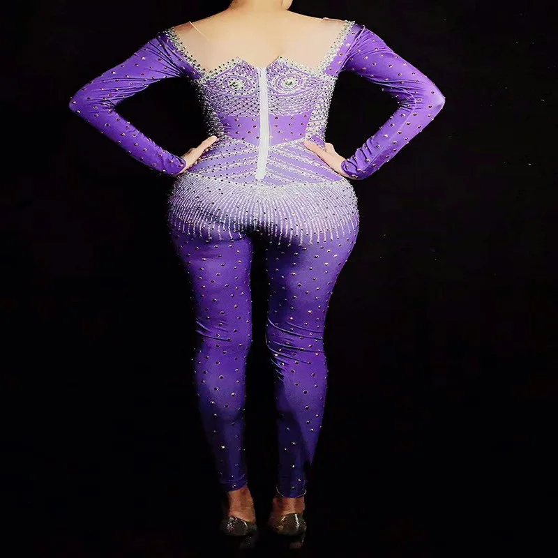 Фиолетовый комбинезон с блестящими кристаллами наряд эластичными камнями боди