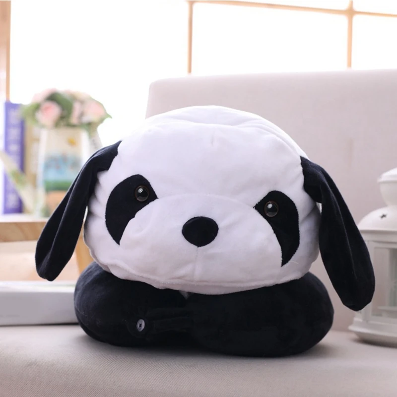 

2 In 1 U Shaped Neck Pillow with Cute Cartoon Panda Plush Hat Funny Animal Stuffed Toys Headgear Cap Travel Hooded Cushion M7DD