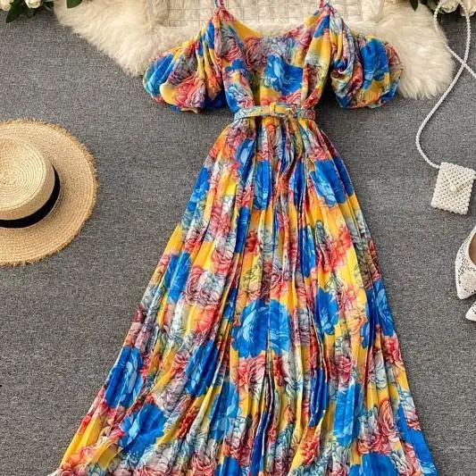 

Spring Summer Boho Chic Women's Spaghetti Strap Long Dress Bohemian Vacation Beach Party Pleated Vestidos Female New Fashion