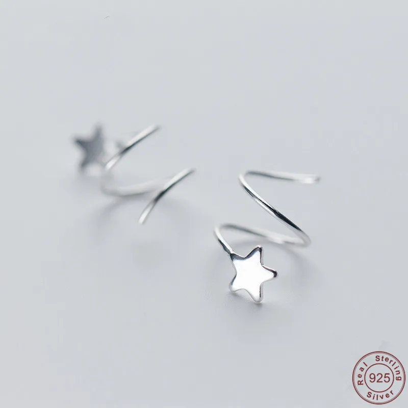 

JuneLeaf Real 100% 925 Sterling Silver Pentagram Star Ear Bone Ear Buckle Rotating Wave Mini Stud Earrings for Women Jewelrry