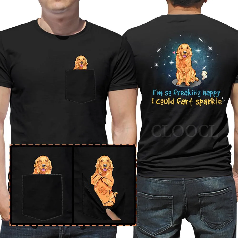 

CLOOCL Animals Cotton T-shirts Fart Sparkle Pocket Dog T-Shirts Front Back Print Golden Retriever Letter Unisex Pullover Tops