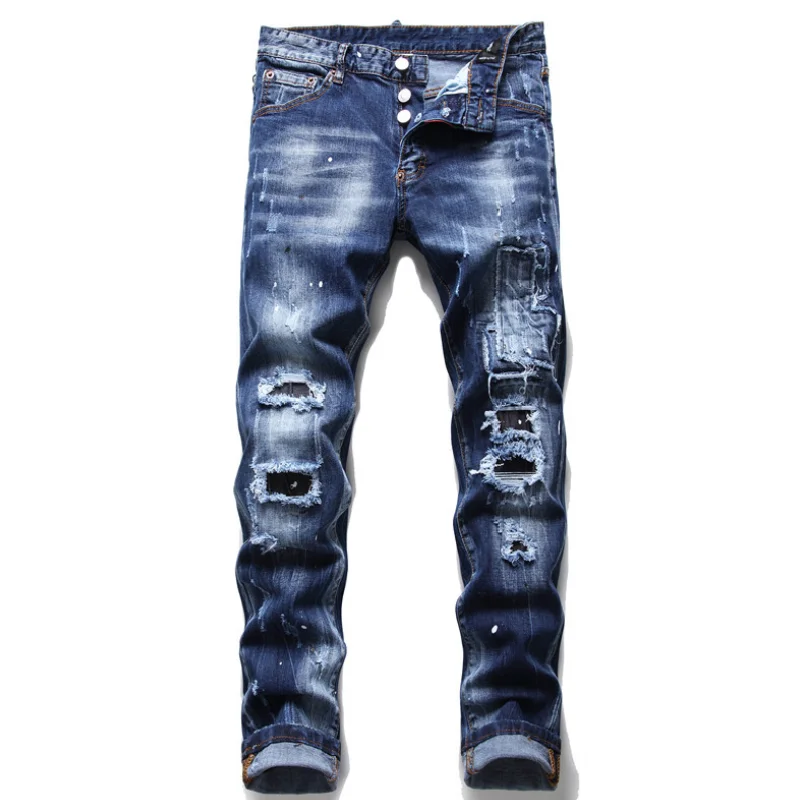 

2021 new spring and autumn tattered splash paint men's slim patch stretch jeans blue beggar pants QSD