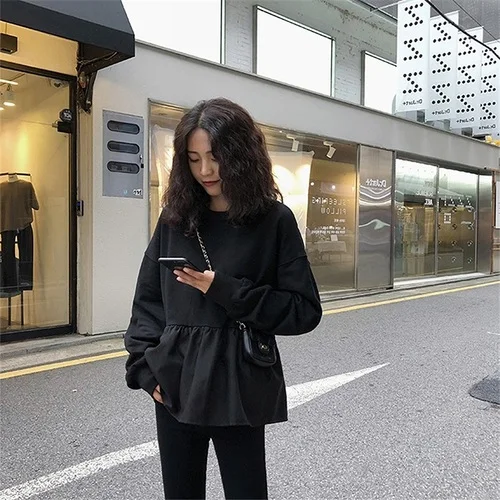 Xian 5553 hei Женская толстовка с капюшоном, толстовки, осень, harajuku, одноцветная, с оборками, с длинным рукавом, с круглым вырезом, пуловер, топы, повседневная, свободная, тонкая Толстовка - Цвет: Xian 5553 hei