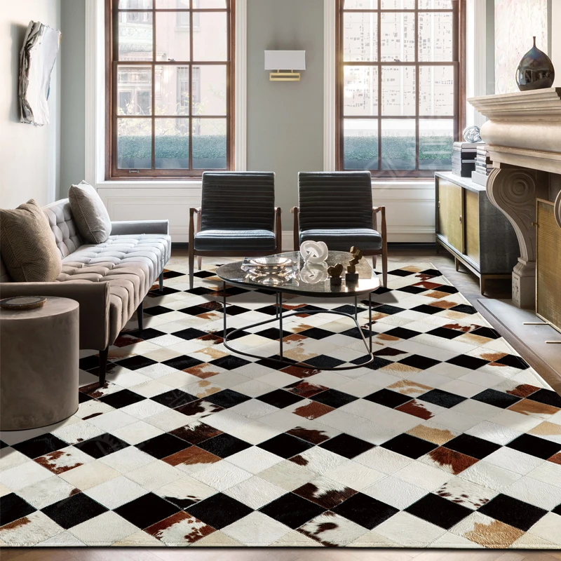 

Роскошный клетчатый ковер из воловьей кожи в американском стиле, ковер из натуральной телячьей кожи для украшения гостиной, обеденной комн...