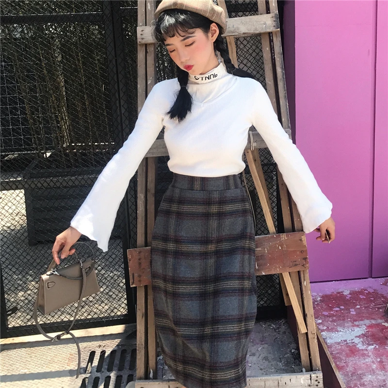 Клетчатая длинная юбка на осень и зиму утолщенная средней длины Женская с