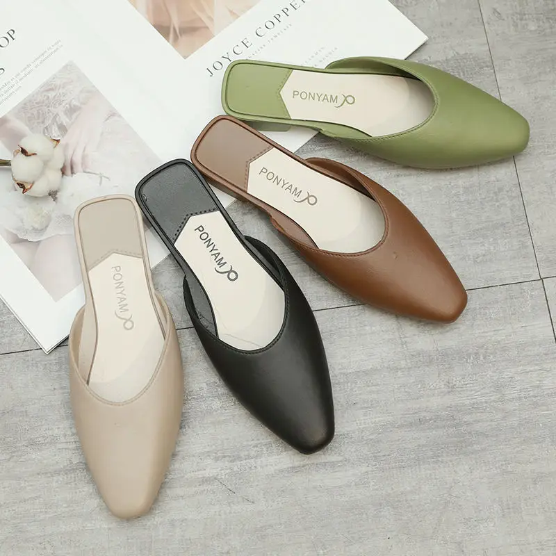 2021 New Half-drag Women's Summer Outer Wear Baotou Slippers Fashion New Korean Style Pointed Flat-bottomed Lazy Shoes