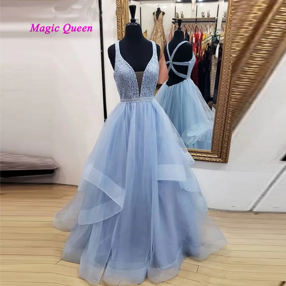 Vestido de Festa длинное небесно-голубое вечернее платье из тюля с кружевами открытой