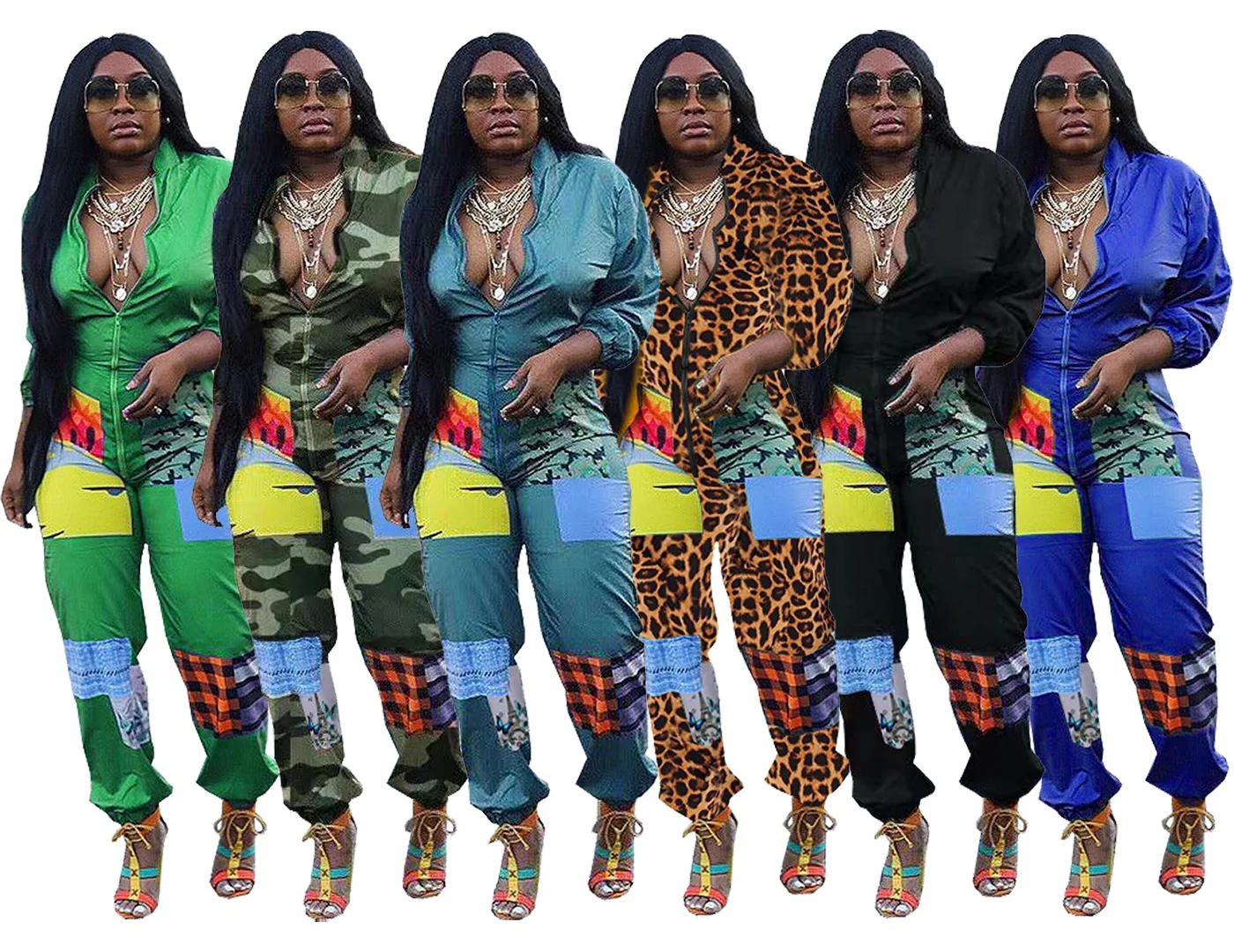

Ursuper 2021 New Fashion One-piece Jumpsuits Casual Patchwork Zip Design Nightclub Jumpsuit