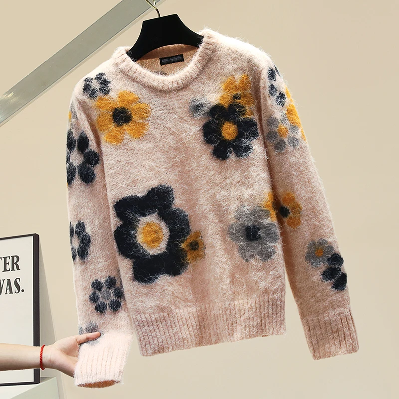 

Flowers Knitting Pullovers 2020 New Spring Autumn Loose Long Sleeve Female Sweaters All-match O Neck Knit Tops Casual