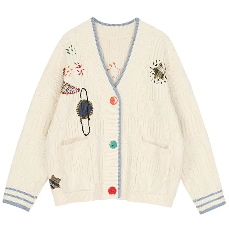 

Cardigan Sweater Women Buttons Autumn Winter Embroidery Stitching Vintage Knitted Sweater Female Long Slevee 2020 Woman Tops New