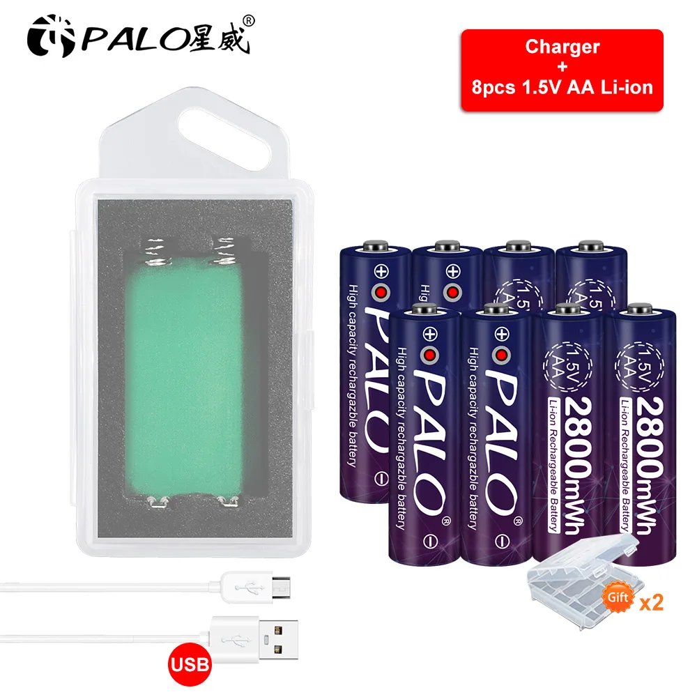 

Palo 1.5V AA Lithium Battery Rechargeable 1.5V Li-ion AA Batteries for Toys Camera Clock Light + 1.5V USB Charger Case