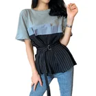 Футболка женская в стиле пэчворк, винтажная рубашка с имитацией двух частей и поясом, хит продаж, топ с разрезом сзади, летняя