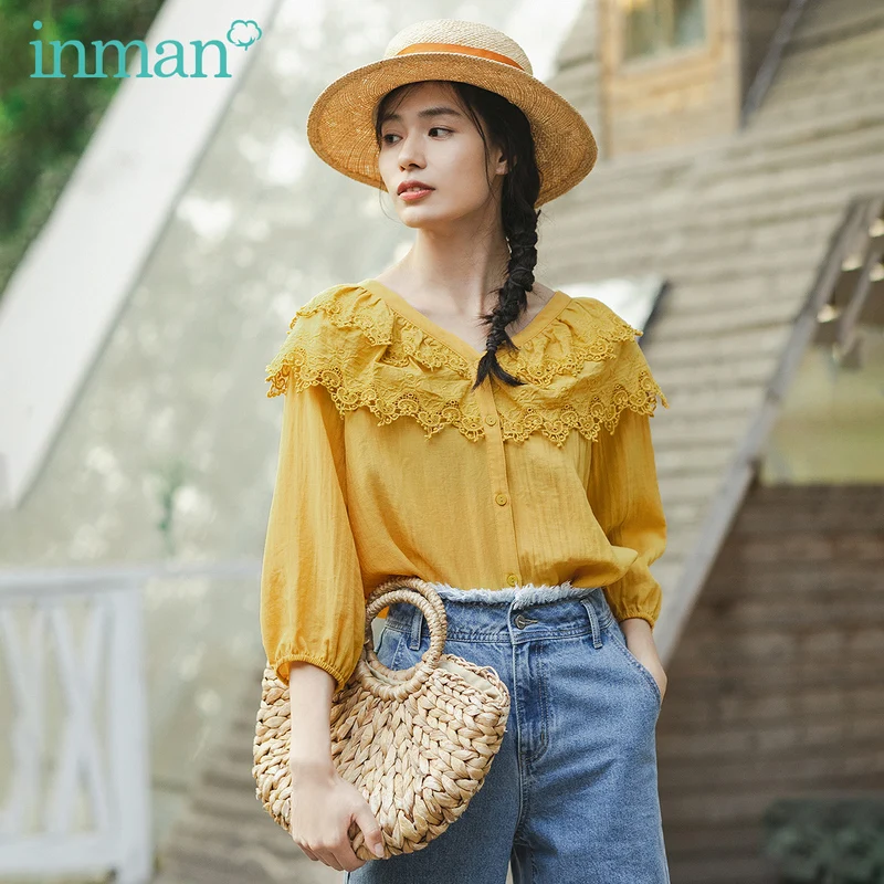 INMAN весна 2020 Новое поступление милая кружевная блузка с v-образным вырезом и