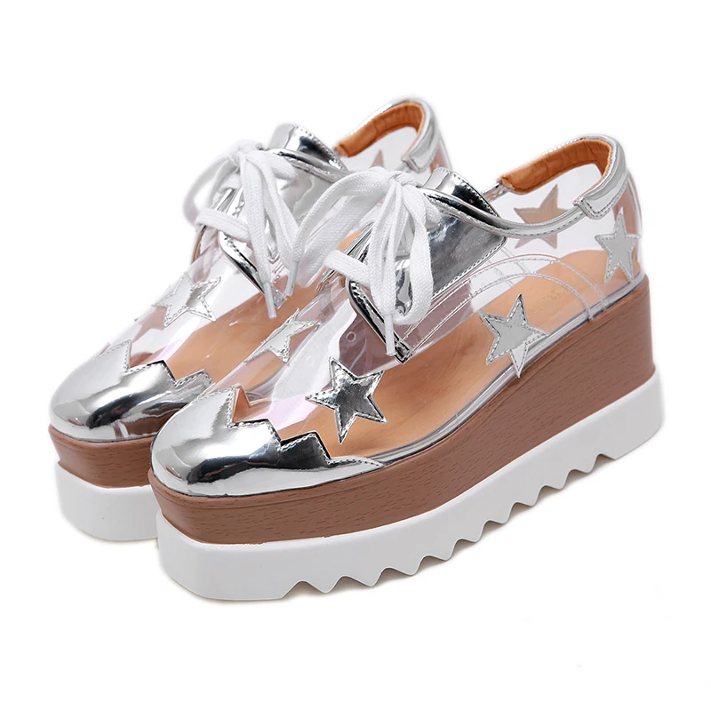 NIUFUNI/английская Прозрачная женская обувь на танкетке со шнуровкой из ПВХ