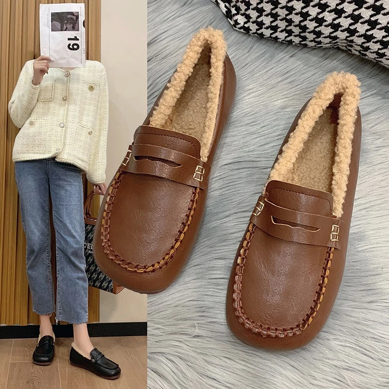 Women's Warm Plush Leather Loafers, Women's Fur Round Toe Slip-On Shoes Cosplay Flat Casual Uniform Shoes Autumn and Winter