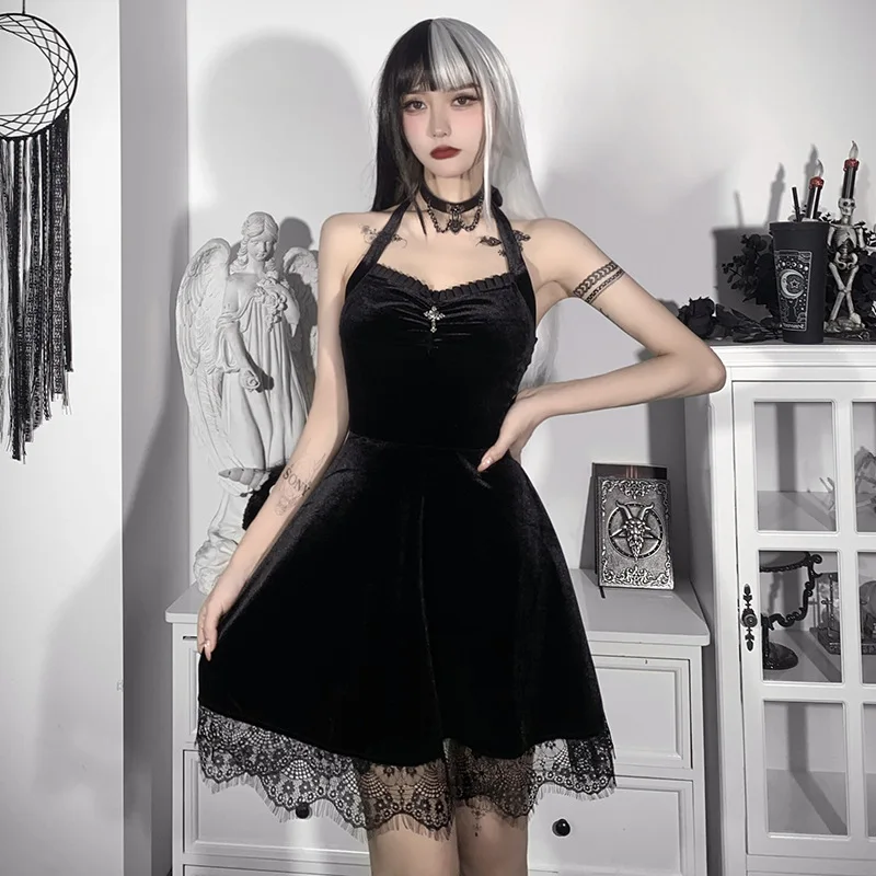 

Goth Retro Velvet Sexy Black Leotard Dress Gothic Backless High Waist Mini Dresses Elegant Lace Trim Cross Dresses 2021 New