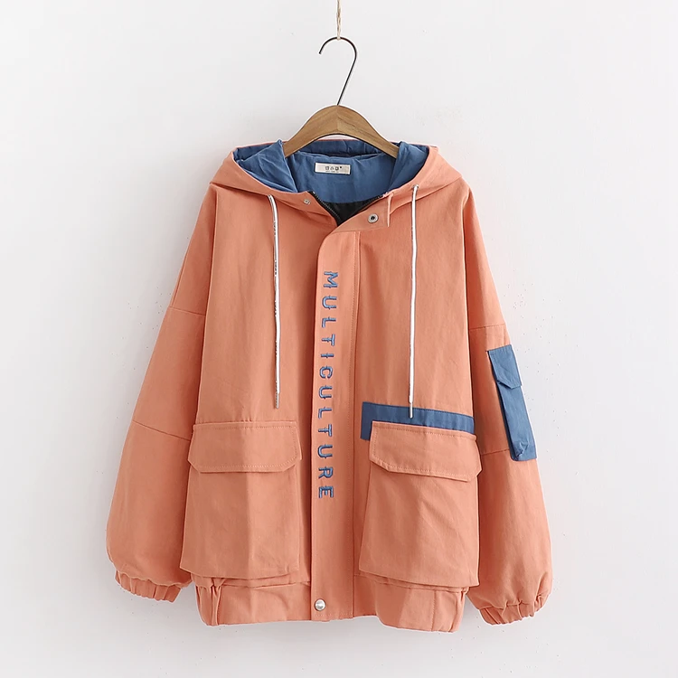 2019 осенний женский основной куртка на молнии с капюшоном и вышивкой контрастный