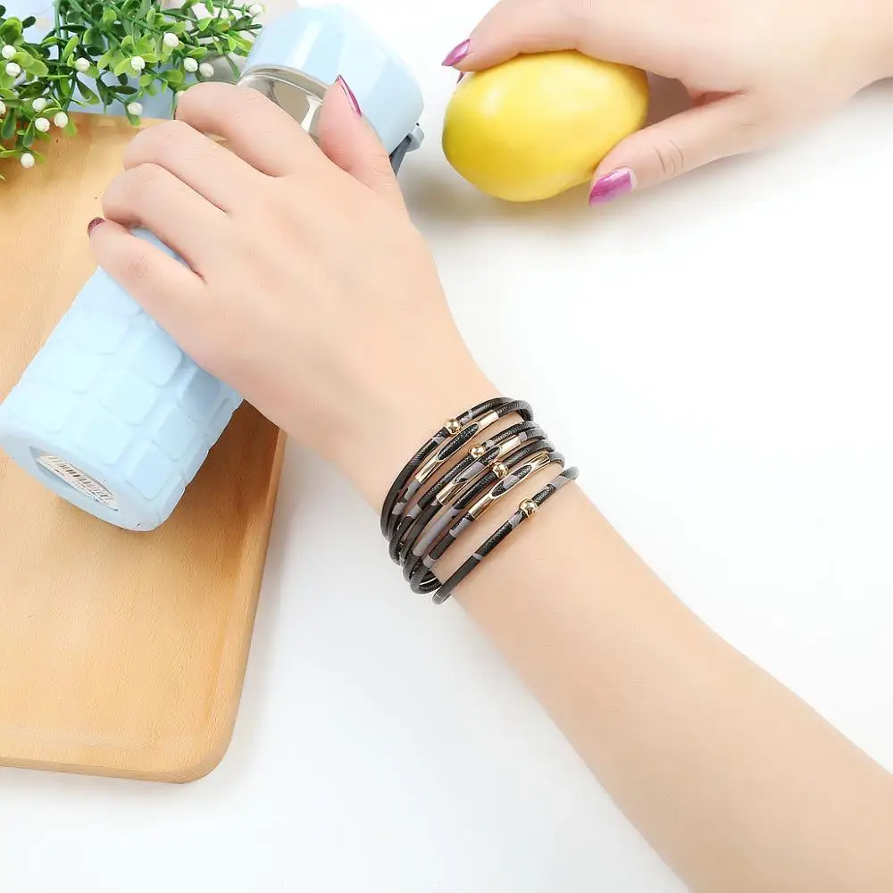 Женские кожаные браслеты с леопардовым принтом многослойные широкие на