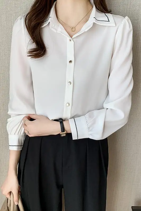 

COIGARSAMmal Full Sleeve Shirt Womens tops New Spring Chiffon Panelled Women shirts White 8011