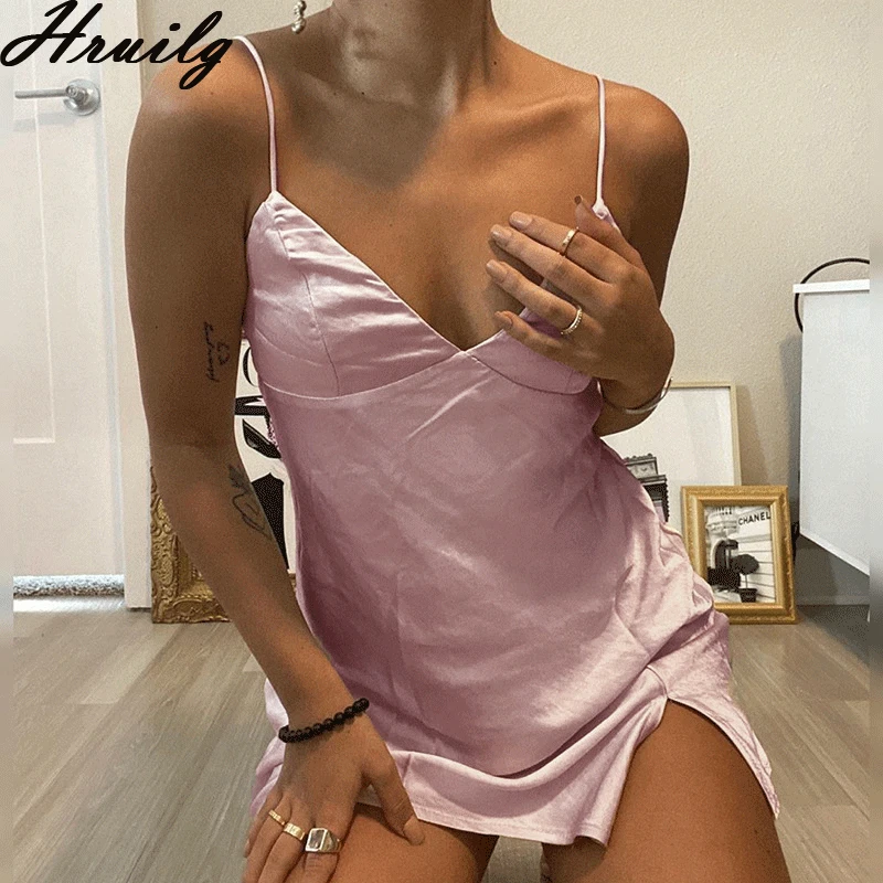Sexy Sleeveless Backless Bodycon Dress V-Neck Solid Satin Hem Split Mini 2020 Summer Women's Fashion Slim Streetwear | Женская