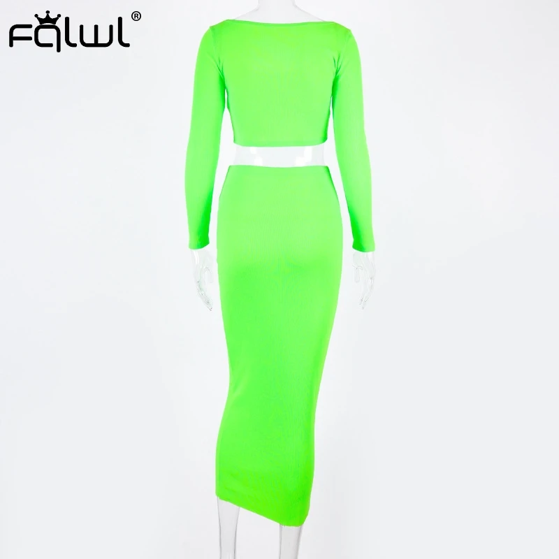 FQLWL осеннее трикотажное платье с длинным рукавом женский сарафан открытыми