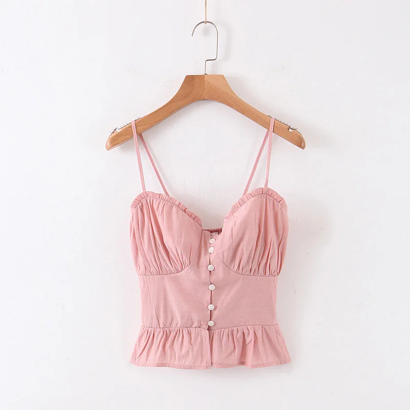 

Summer Women's Fashion Pink Slim Camis Ruffle Elastic Band Tops
