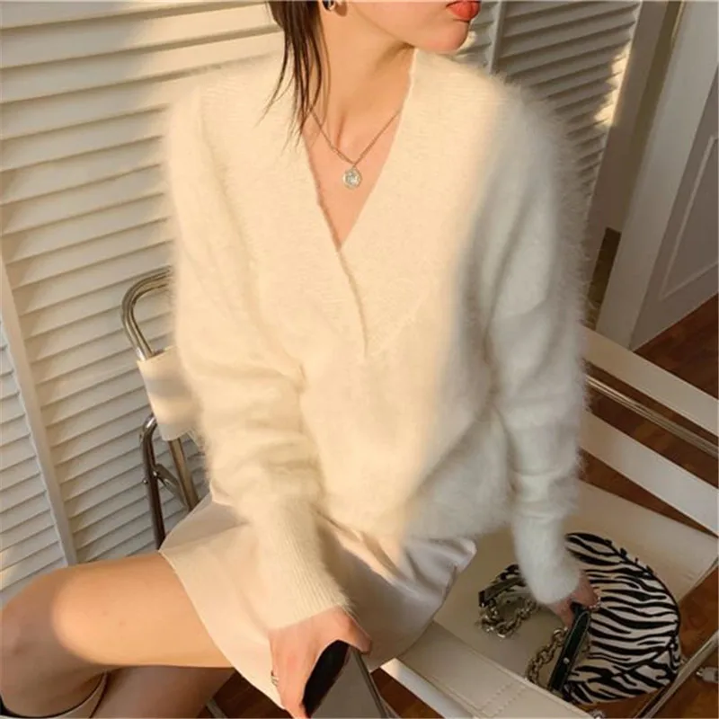 

Однотонный свитер с V-образным вырезом, Новинка весна-осень, Женский пуловер с длинным рукавом, повседневный модный вязаный Топ, женская оде...