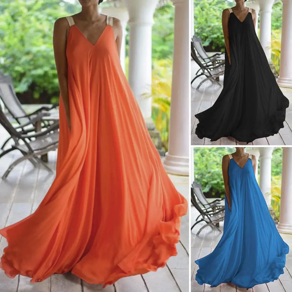 

Women Boho Sleeveless Deep V Neck Backless Large Hem Sling Full-length Dress suitbale for daily wear