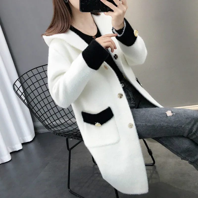 

Women New 2020 Autumn Winter Oversized Hooded Faux Mink Cashmere Sweater Cardigan Coat Female Thicken Warm Casual Outwear G550