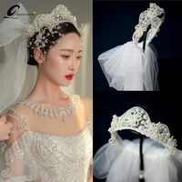 2021 hair band accessories with veil pearl bridal headwear wedding hair bands bride tiara crown diadema haar jewelry for women