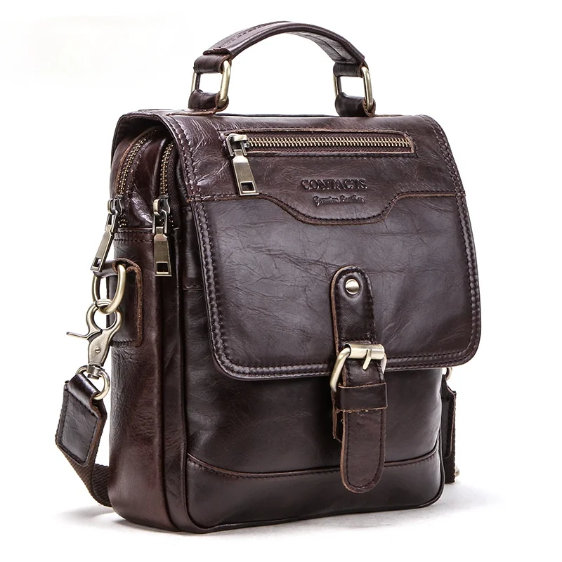 

Genuine Leather Men Message Bags for 7.9in iPad Vintage Travel Handbag Zipper Metal Buckle Business Male Shoulder Bag