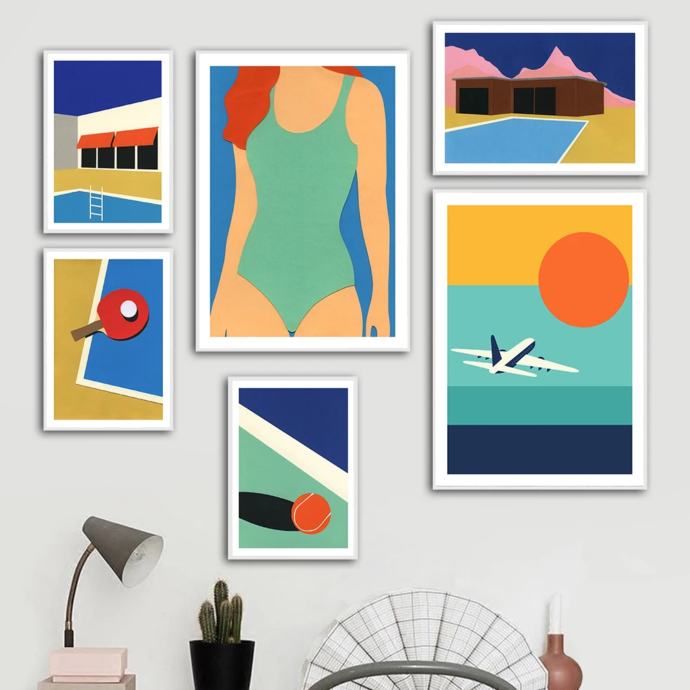 

Cartoon California Swimsuit Posters Canvas Painting Wall Art Aircraft Arizona Tennis Picture Nordic Prints Bedroom Home Decor