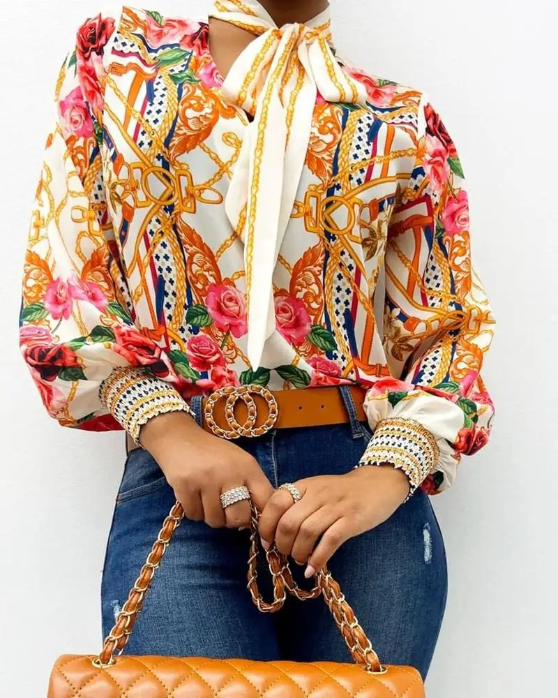 Женский топ с принтом в стиле барокко повседневные блузки длинными рукавами