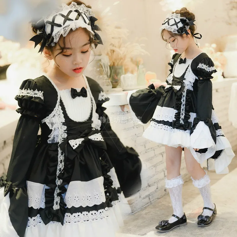 

Cute girls Maid dress Sweet lolita dress Kids Kawaii Princess dress balck gothic dress Halloween maid cosplay costume tea party