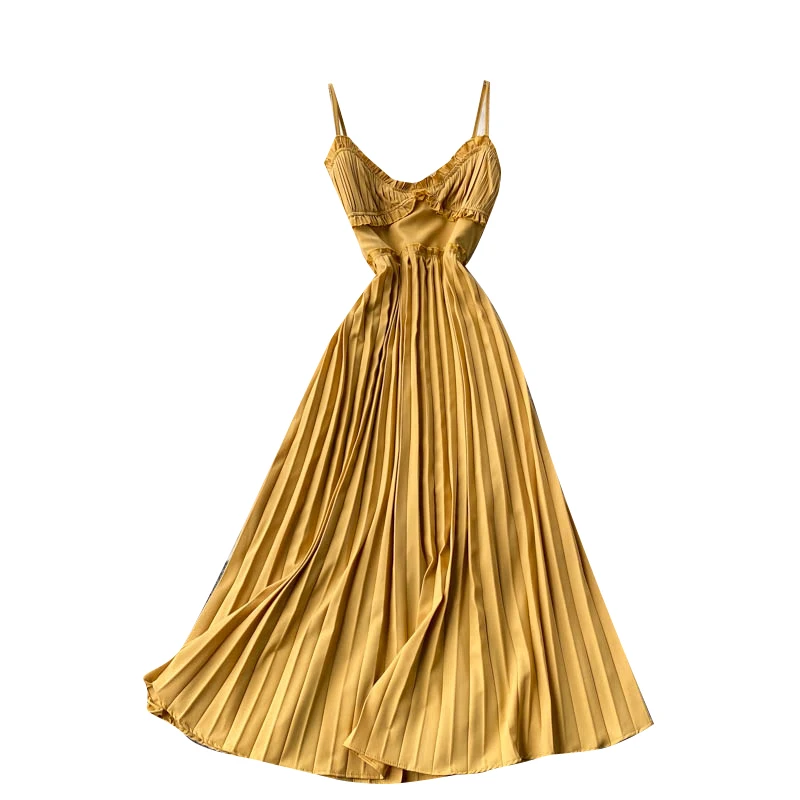 

2021 New Sweet Vestidos Female V-neck Summer Dress Pleated Waist Slimming Midi Dress with Pleated Straps GK710