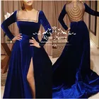 Женское вечернее платье с длинным рукавом, темно-синее бархатное ТРАПЕЦИЕВИДНОЕ ПЛАТЬЕ С Высоким Разрезом, расшитое бисером, в стиле звезд, для выпускного вечера, 2020