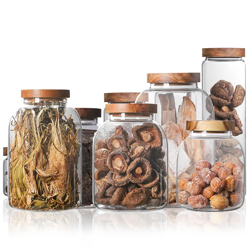 350-3000ml Wood Lid Glass Kitchen Storage Bottles Jars Large Food Container Grains Tea Coffee Beans Grains Candy Jar Containers