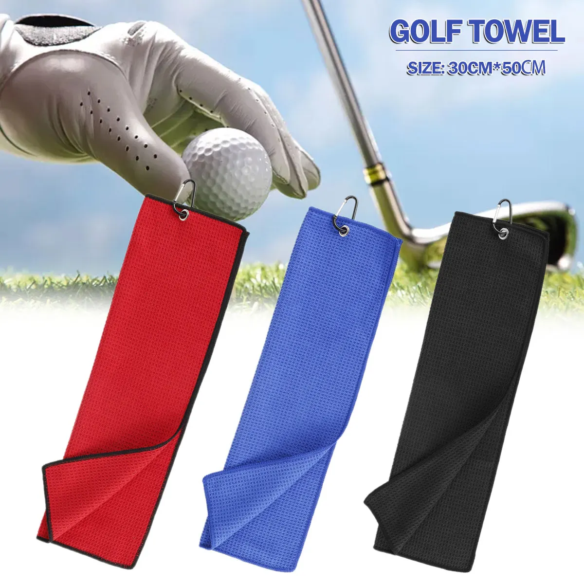 

1 PC Golf Towel Folded Microfiber Waffle With Carabiner Clip for Golf Sports Running Yoga Cleaning Towels Clubs Balls Hands